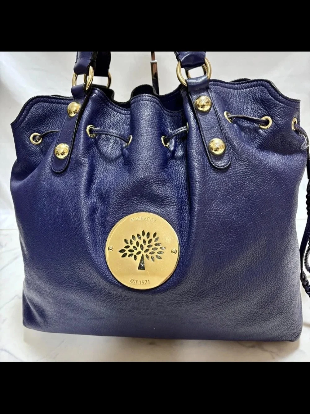 Mulberry Navy Leather Braided Handle Tote Bag